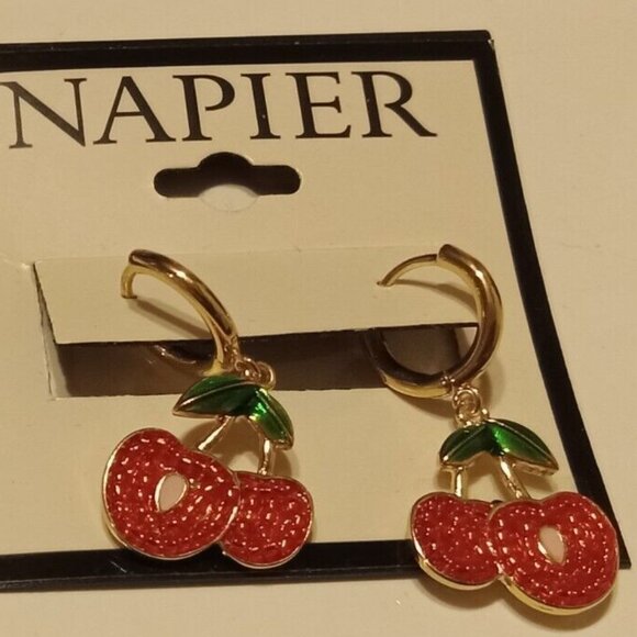 NAPIER Retro Gold Cherry & Stem Red/Green Enamel Hoop Drop Earrings**NEW! - Picture 3 of 3